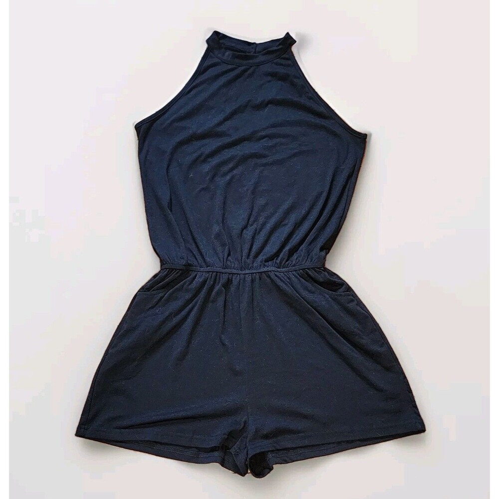 MEROKEETY Summer Halter Neck Elastic Waist Black Romper w Pockets Size Small